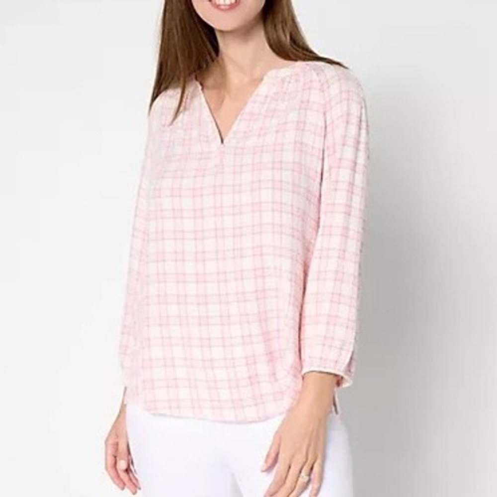 Belle‎ by Kim Gravel Womens 3X Bleached Mauve Mini Plaid Weekend Peasant Shirt